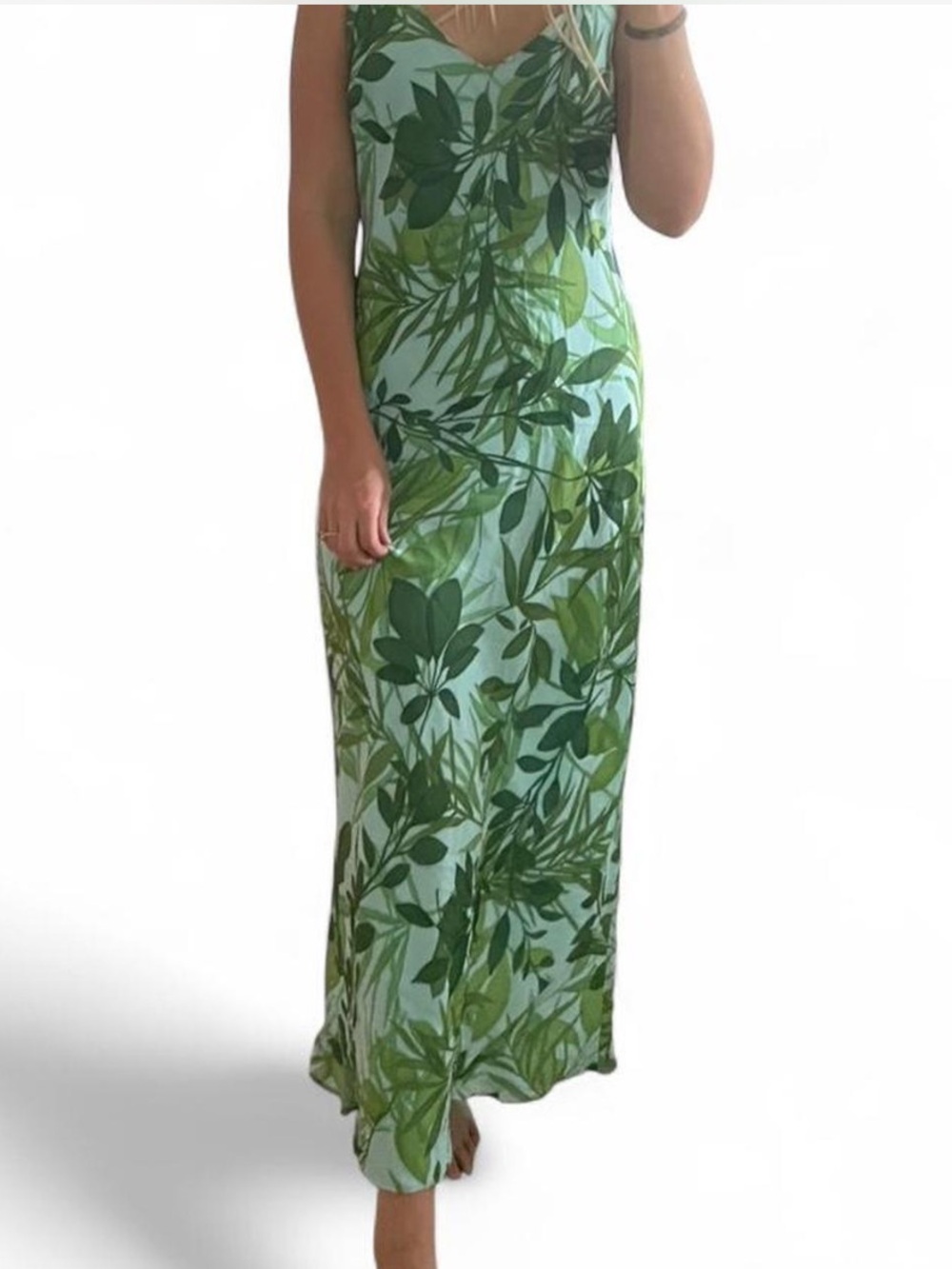 Ann Taylor Green Leaf Print Silk Slip Dress